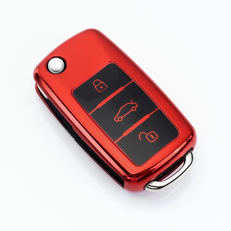 VW Model A folding car key case with buckle closure in blue, pink, red, and silver colour options.