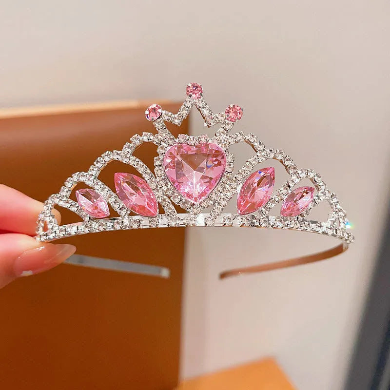 Children's electroplated alloy crown headband headdress in pink, light blue, and light purple crystal colours.