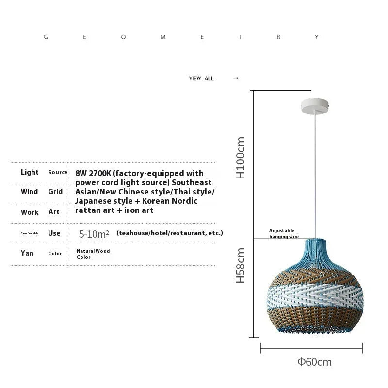 Vine woven pendant lamp with natural texture available in 30cm 40cm and 50cm diameters for pastoral and Southeast Asian interior styles