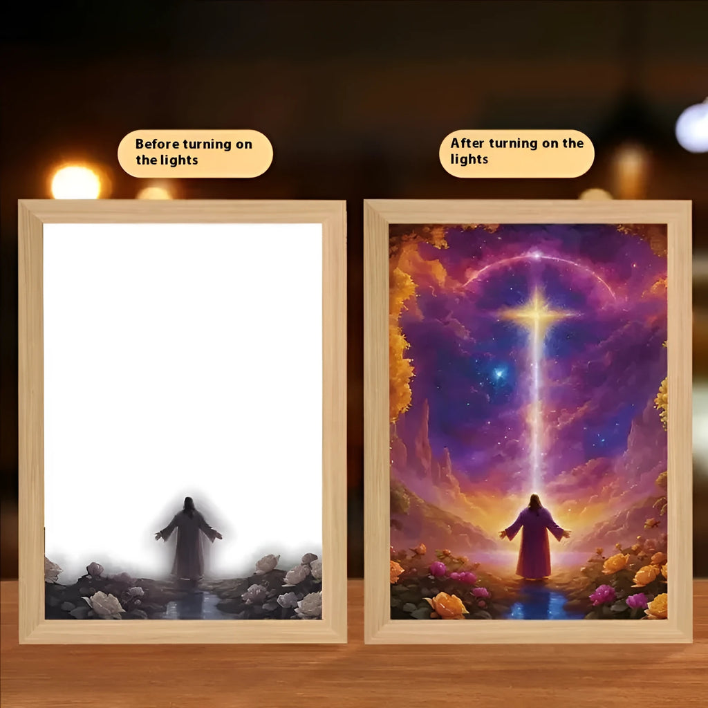 Rectangular LED light painting photo frame showing biblical scene illustration with gentle illumination