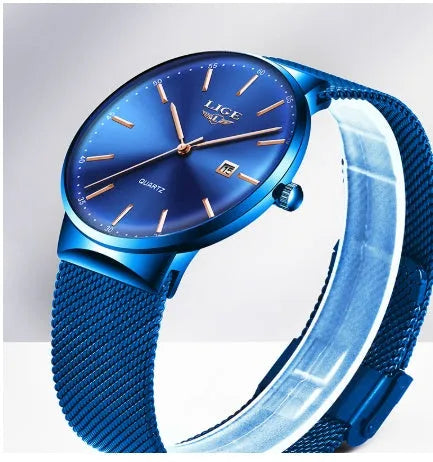 Stainless steel men's analogue wristwatch with 40mm dial in black, blue, or black-blue colour.
