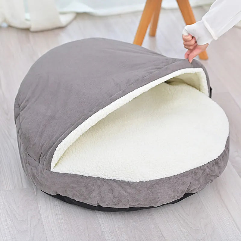 Brown cloth dog kennel with removable zip-off cover for washing, suitable for indoor use