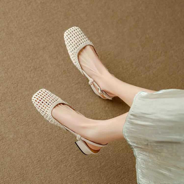 Women's woven hollow-out closed toe sandals with chunky heel and buckle closure in beige and black