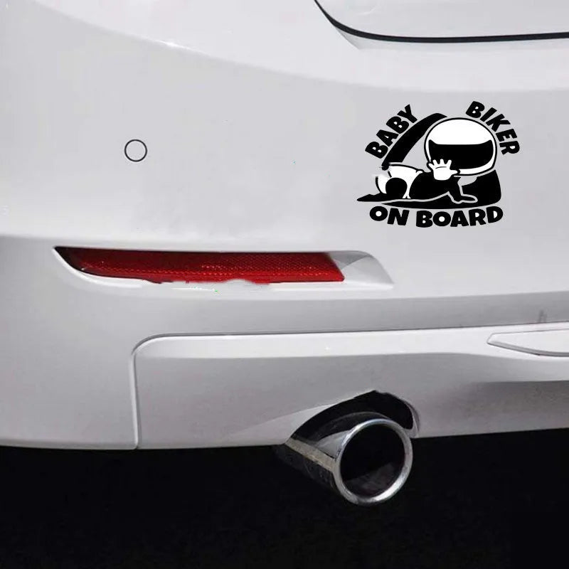 Black and white reflective Baby On Board warning sticker for car window measuring 14.5 by 15 cm.
