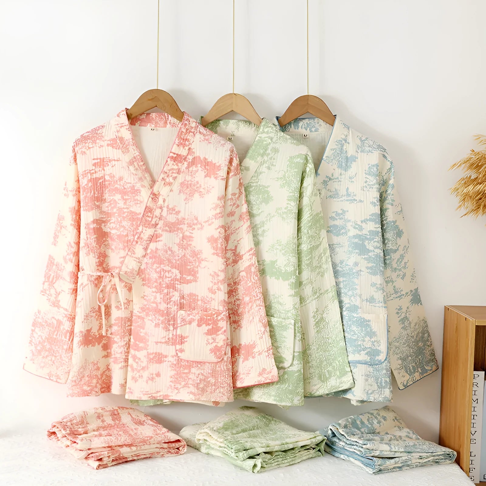 Ladies' blue cotton gauze long sleeve top and trousers suit set for homewear.