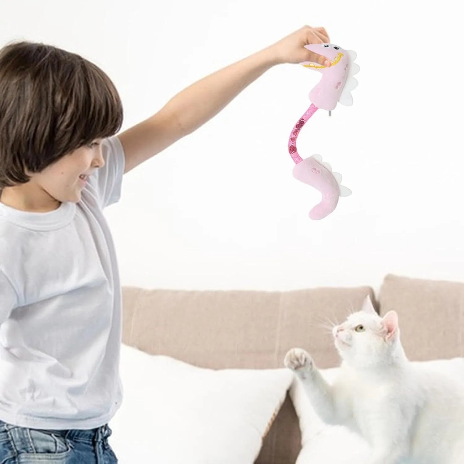 Set of four cat toys including rope, spring, kicker and plush mouse toys in pink, purple or yellow colours