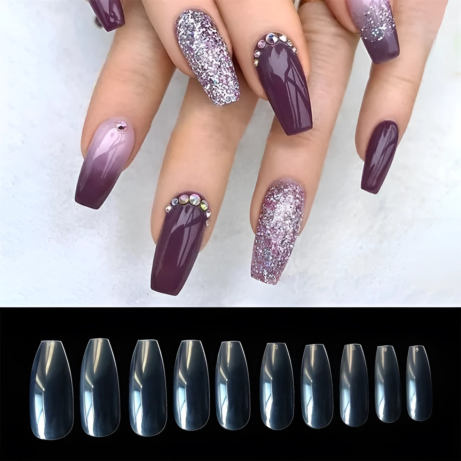 500 clear natural false nails with 10 different sizes made from ABS plastic