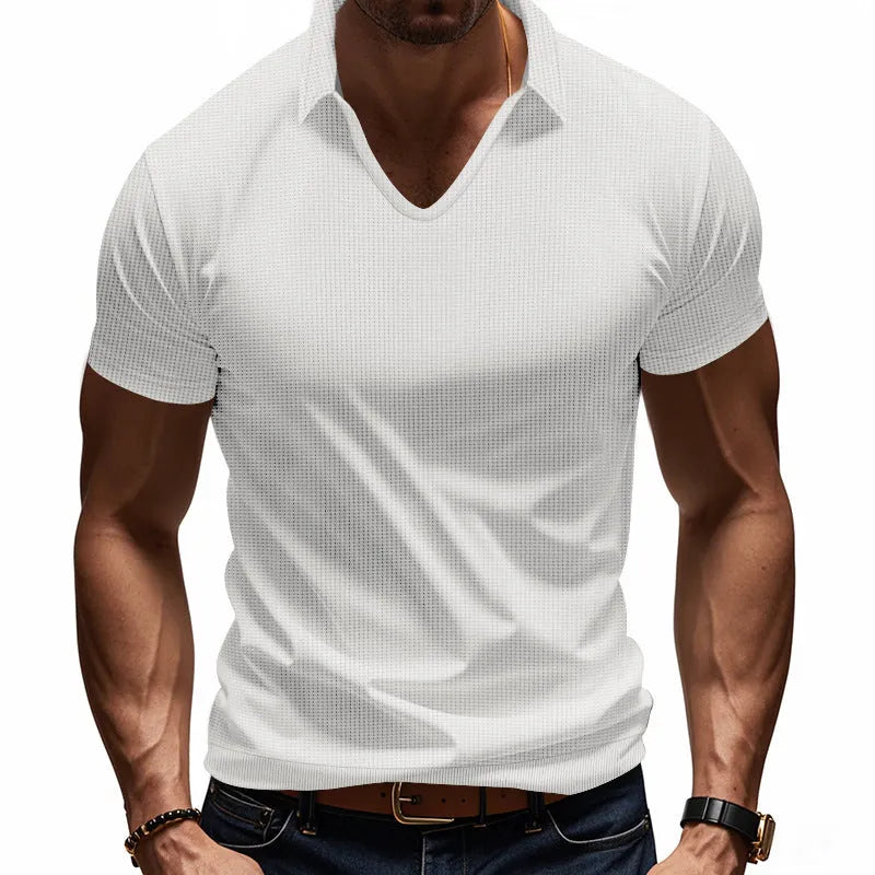 Men's loose fit light grey V-neck short sleeve casual t-shirt laid flat