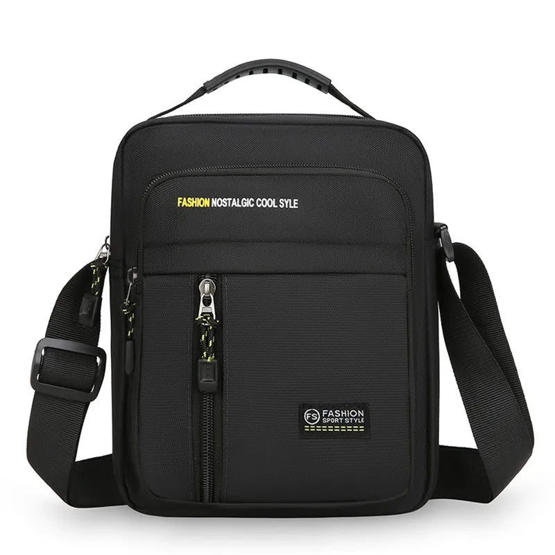 Men's casual outdoor messenger bag in nylon with crossbody strap and sewing thread details