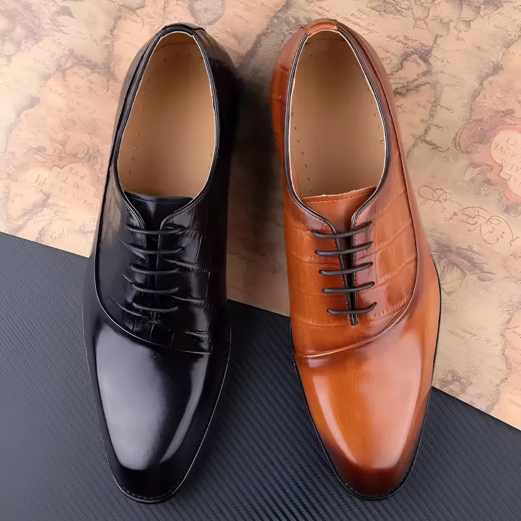 Men's handmade cowhide leather pointed toe dress shoes in brown and black