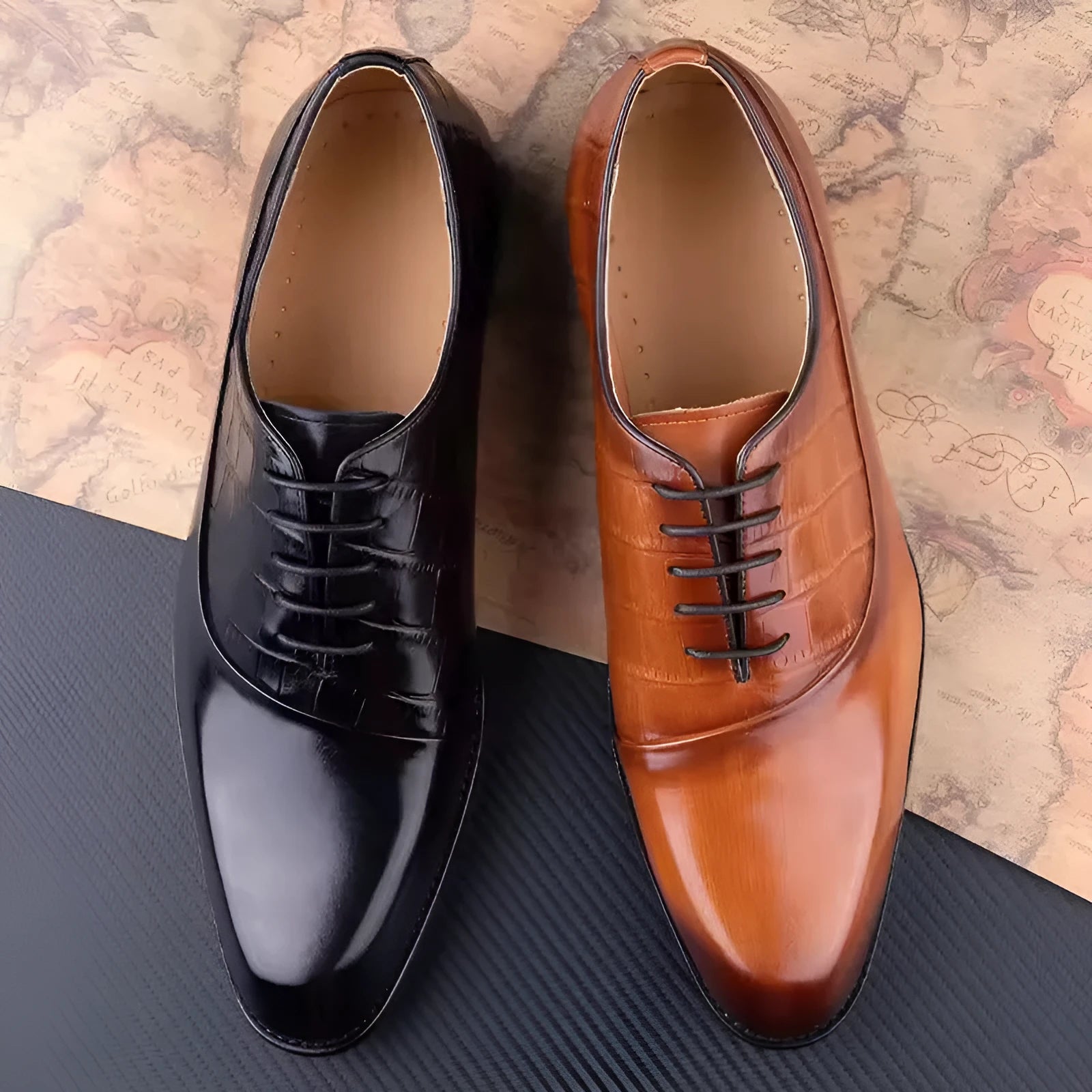 Men's handmade cowhide leather pointed toe dress shoes in brown and black