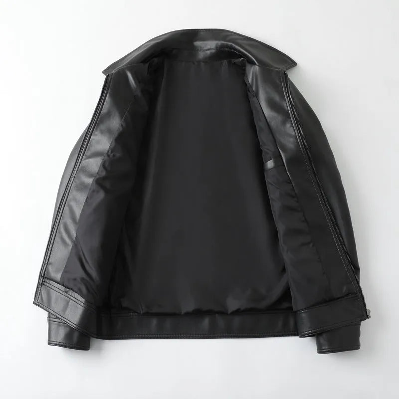 Men's black PU leather casual jacket with zip and patch pockets on a model.