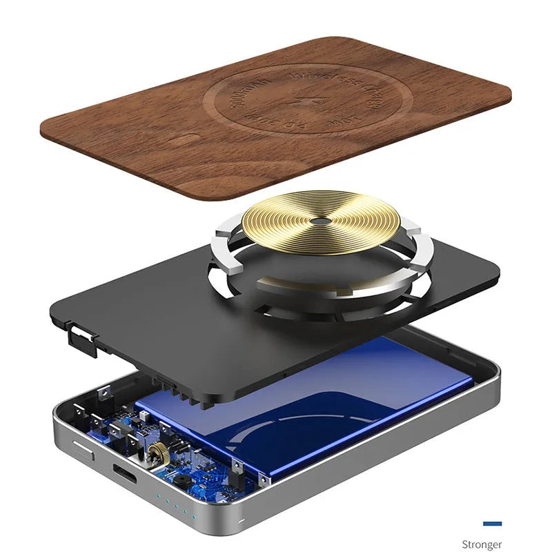 Khaki-coloured magnetic wireless charging bank with USB port and alloy shell