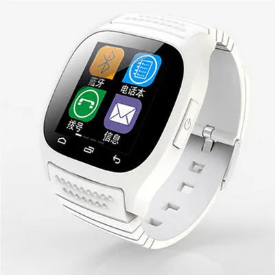 Smart Bluetooth sports watch compatible with iPhone and Android, in black, white, and blue colours.