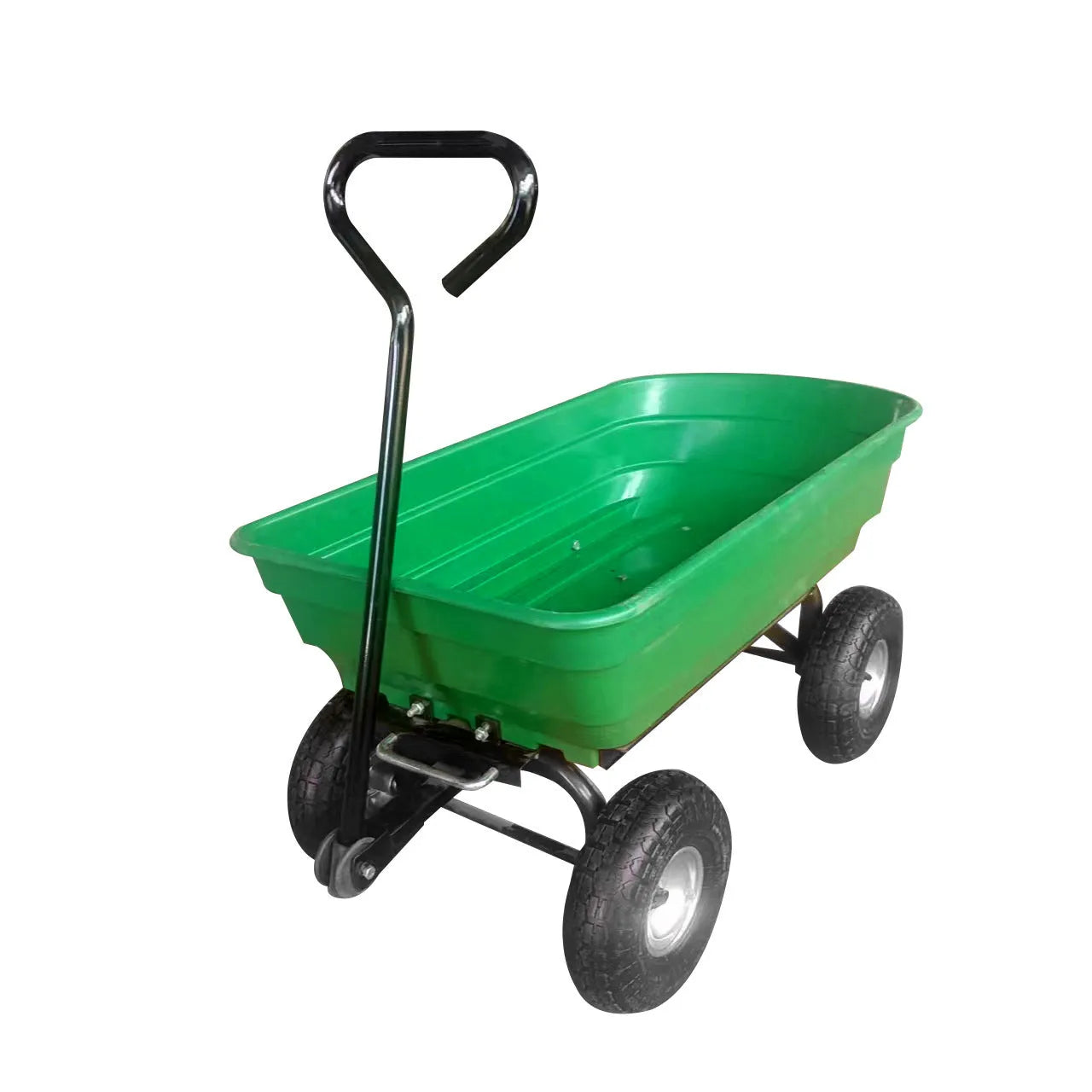 Green four-wheel plastic dumptruck with 350kg capacity for garden and construction use