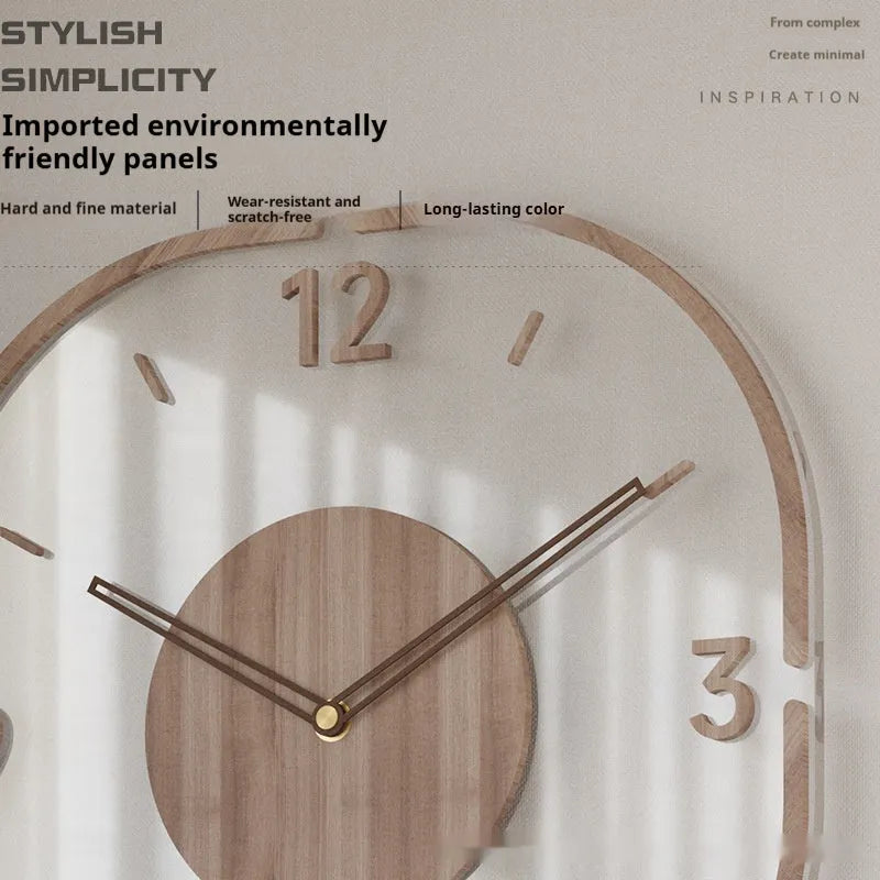 Modern transparent wooden frame wall clock with 35cm square dimensions.