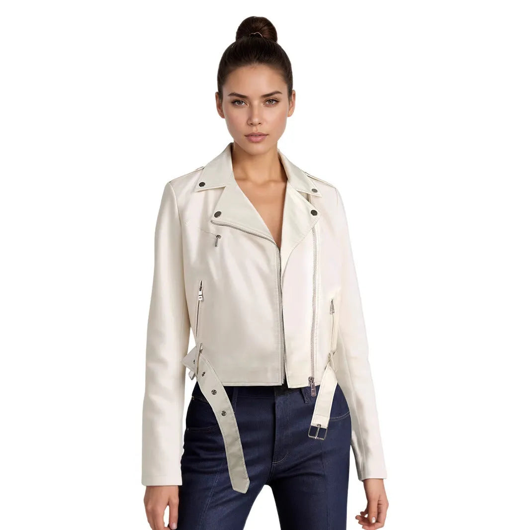 Women's black PU leather motorcycle jacket with lapel collar and short waist belt.