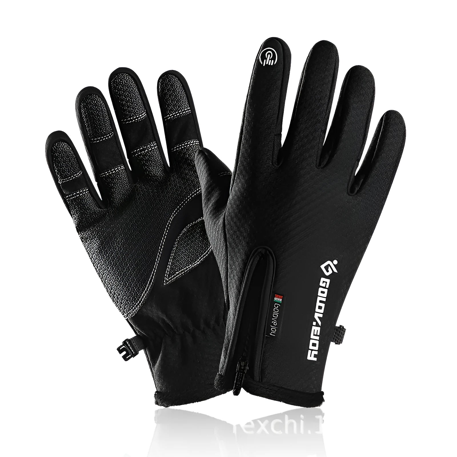 Polar fleece winter cycling gloves with split finger design in black, front view