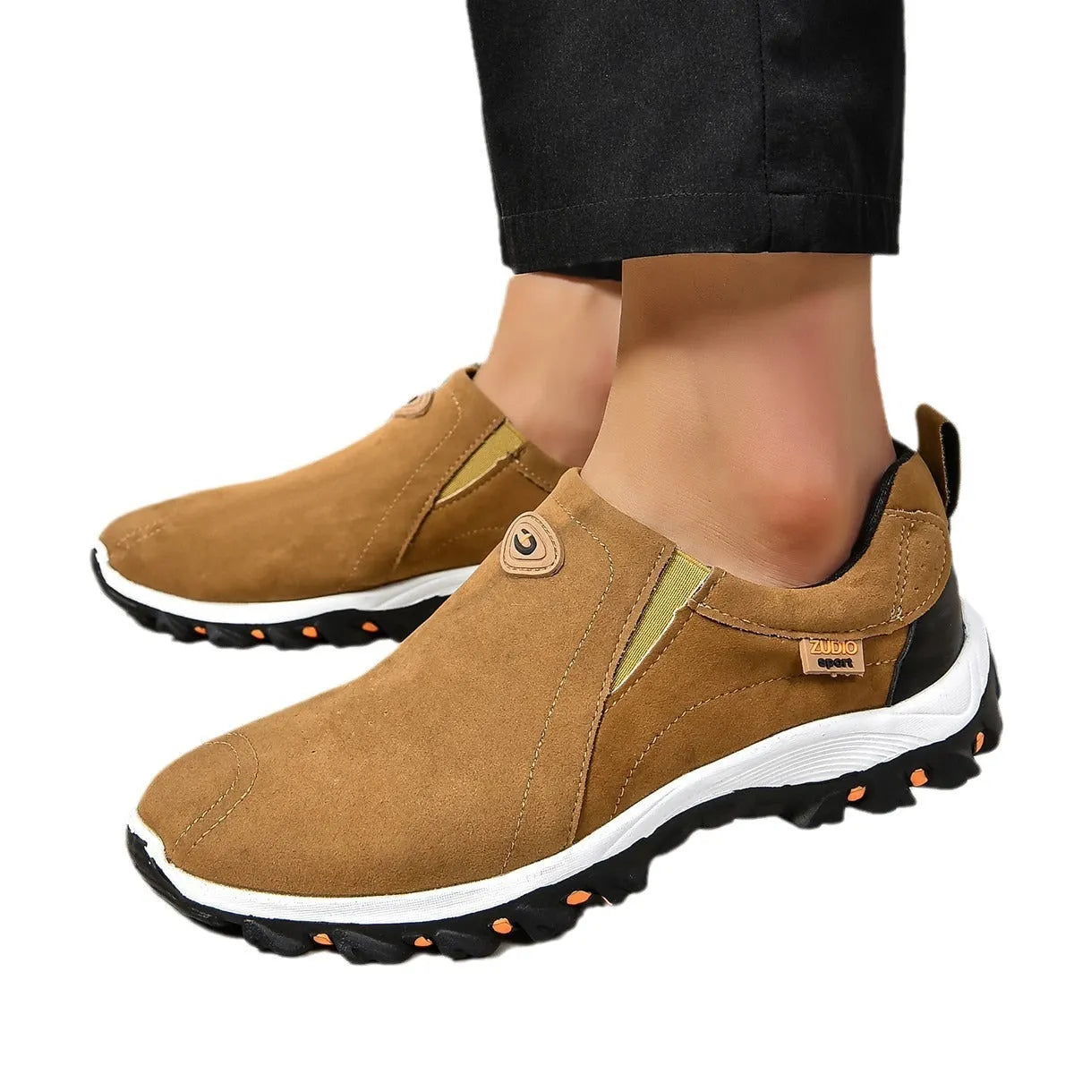 Men's round head thin shoe cover in light brown colour with visible rubber sole and PU upper.