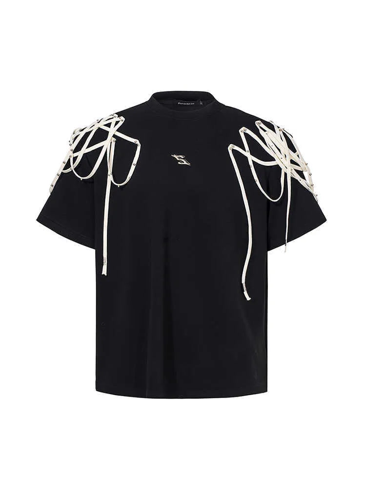 Black women's T-shirt with rivet ribbon padded shoulders and loose fit short sleeve design