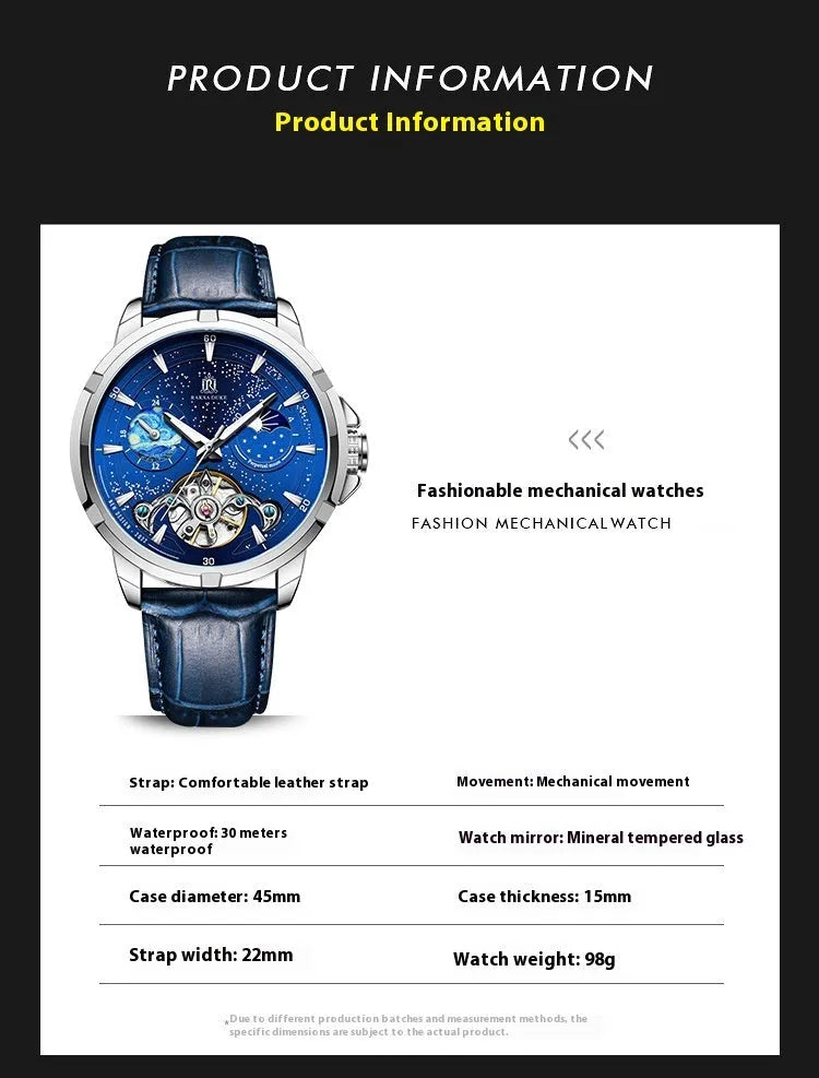 Automatic men's mechanical watch with blue dial, luminous hands and stainless steel case