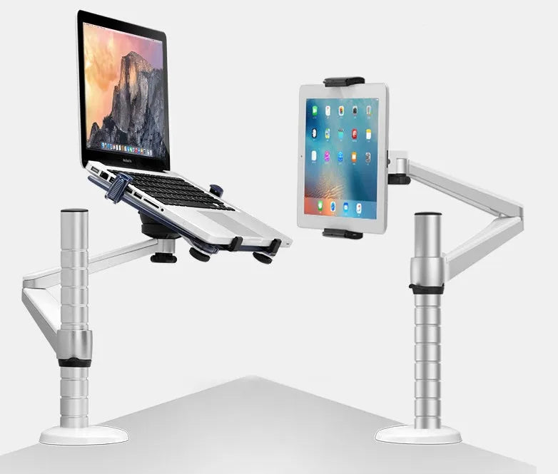 Dual arm laptop stand holder with aluminium alloy arms, laptop and tablet mounted, desktop clamp base