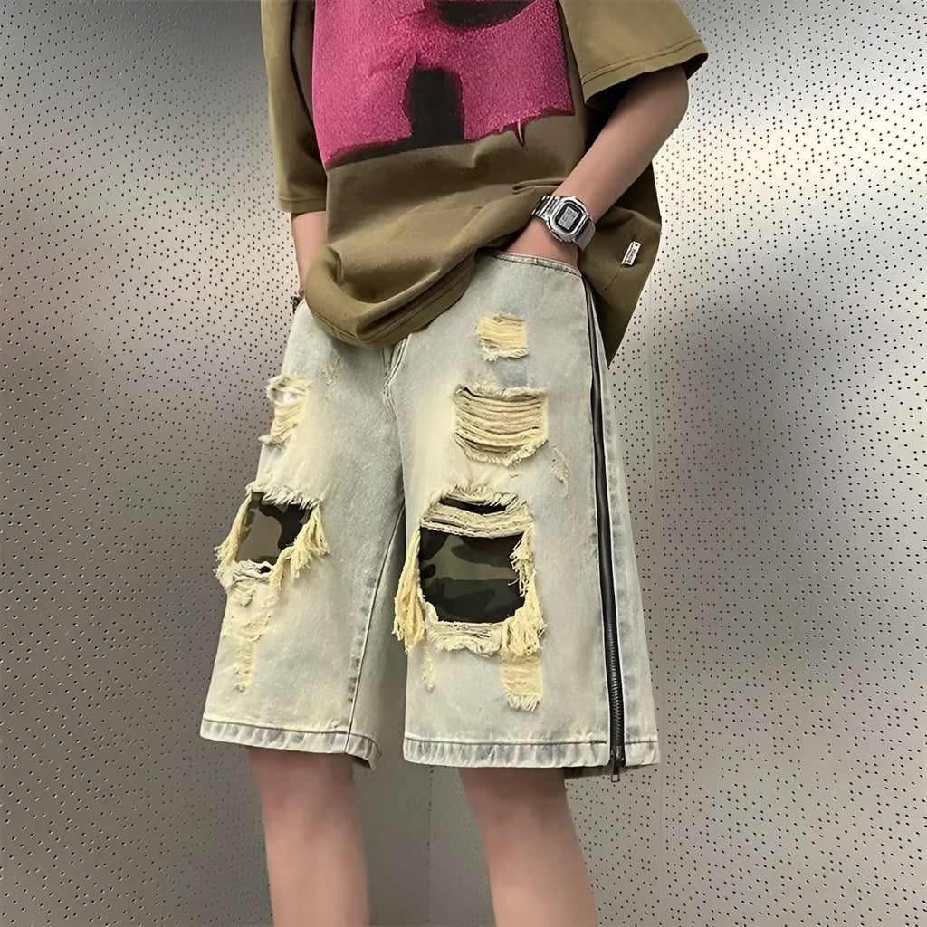 Men's yellow ripped camouflage denim shorts with straight leg cut and Korean styling