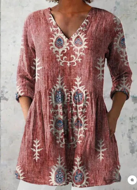 Women's printed wave pattern loose dress with 3/4 sleeves and wide waist design