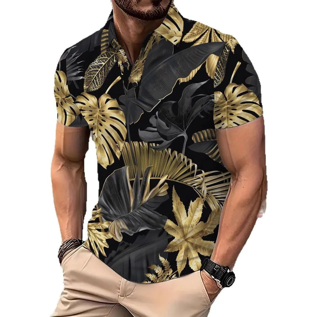 Gold tropical plant pattern printed men's short sleeve shirt on hanger