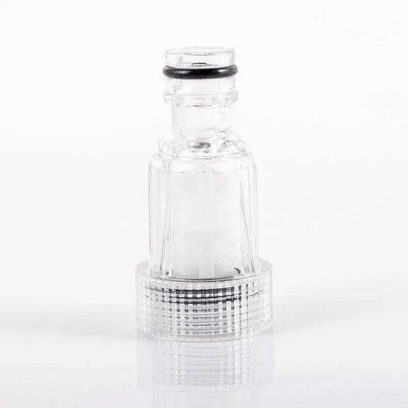 Transparent plastic inlet water joint and filter for Karcher pressure washer, 3cm diameter.