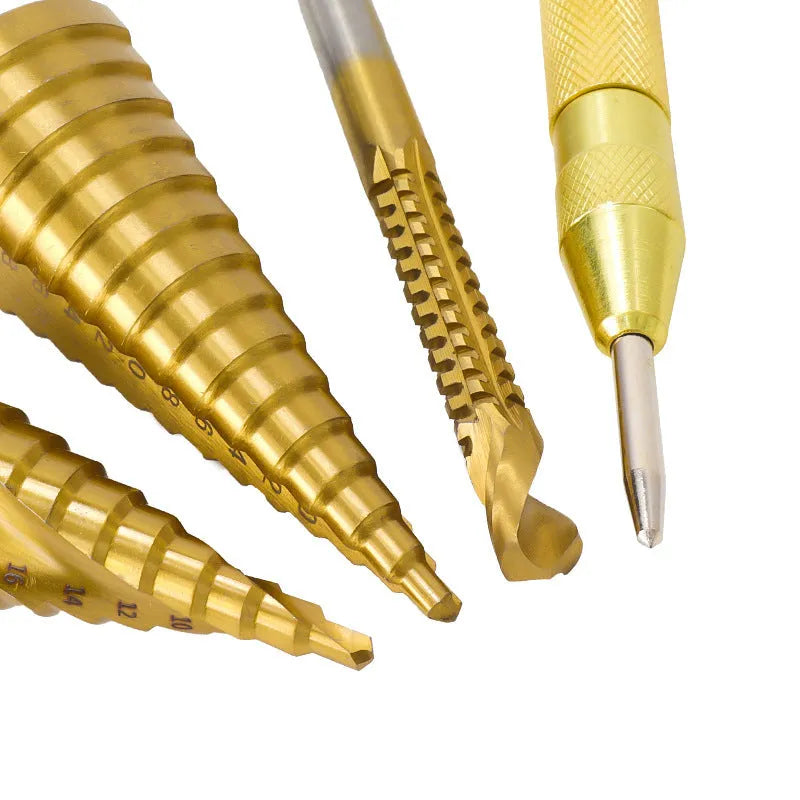 Cone drill bit punch set with high speed steel step drills and centre punches in six configuration options