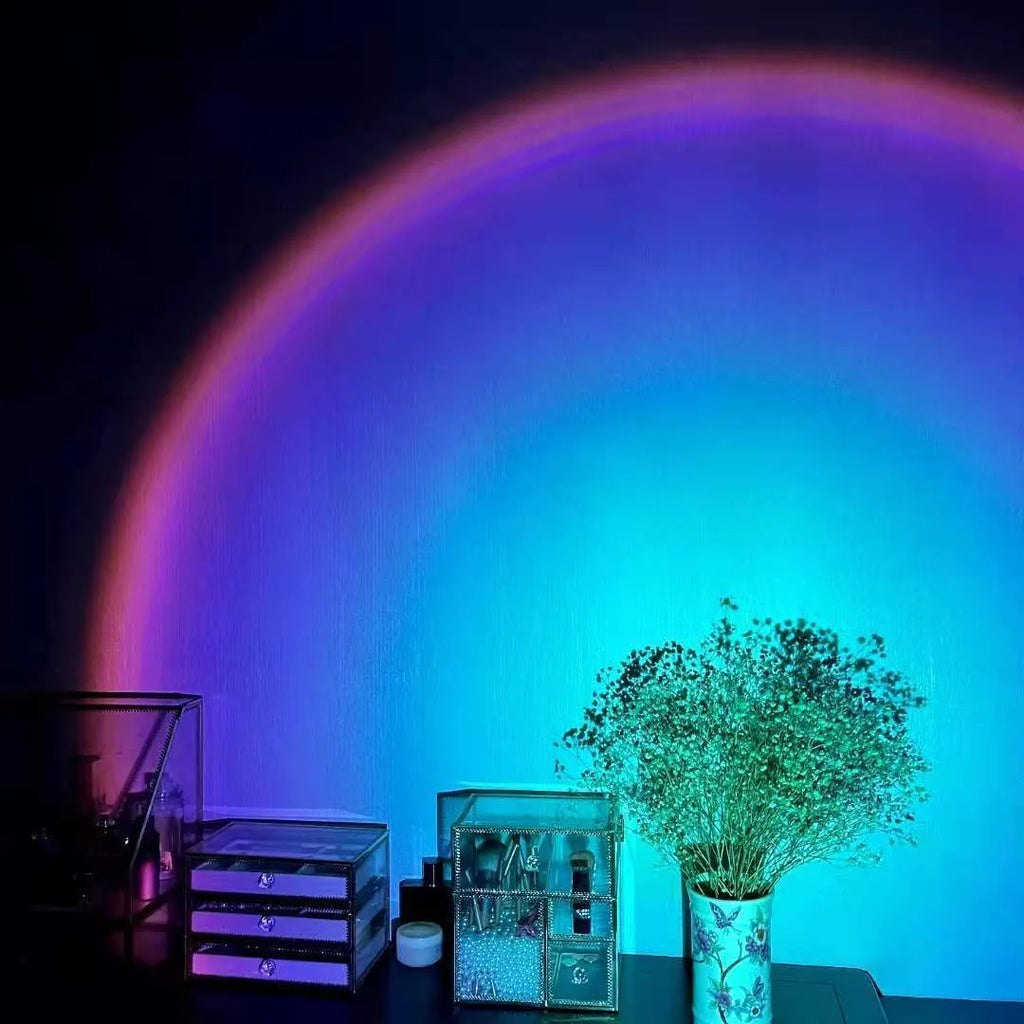 Sunset red rechargeable rainbow projection lamp with USB power connection and push-button control