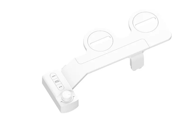 Button wash toilet cleaning system in pure white ABS plastic with water-powered operation and multiple plumbing adaptors