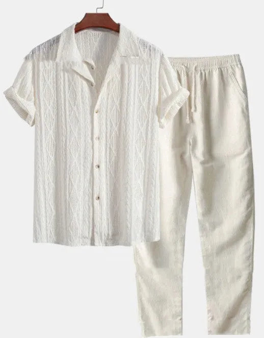 Men's loose fit summer suit with short sleeve shirt and trousers in milk silk polyester fabric
