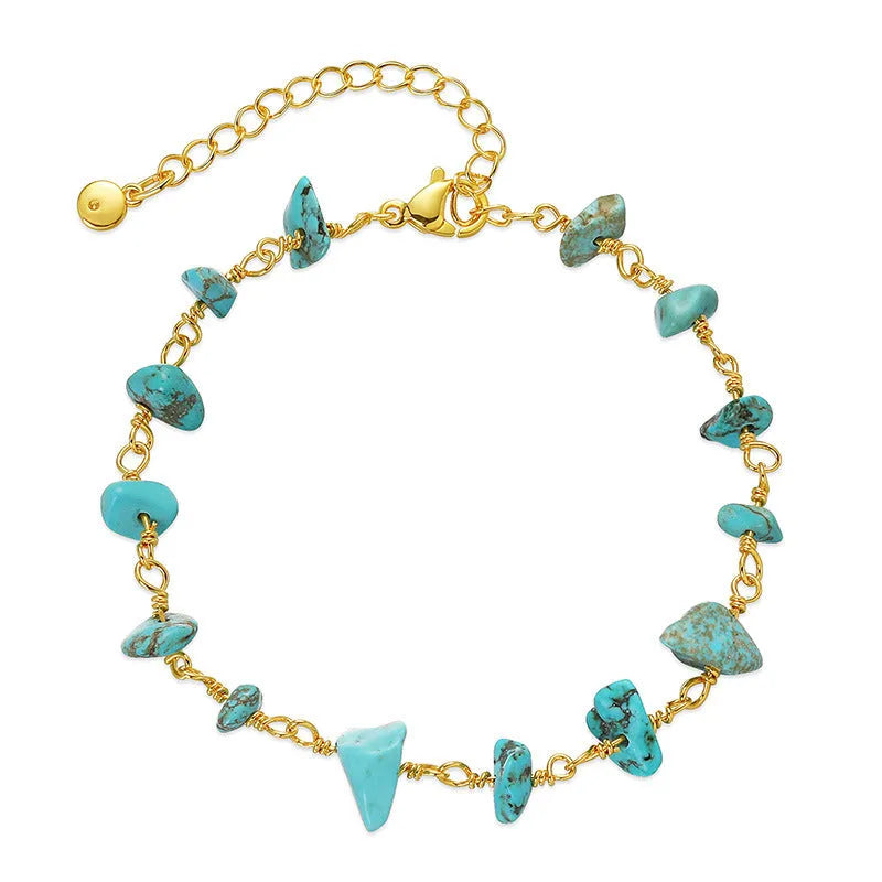Women's bracelet with natural gravel turquoise stones on geometric 18K copper base with crystal accents