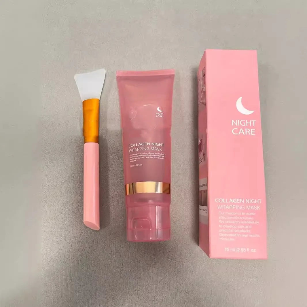 75ml bottle of collagen night face mask with application brush for even spreading.