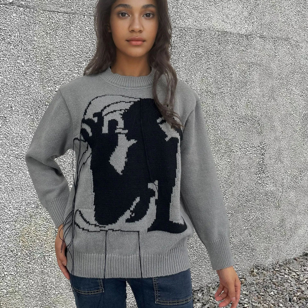 Women's grey alpaca wool sweater with abstract pattern and tassel design, loose fit street fashion style