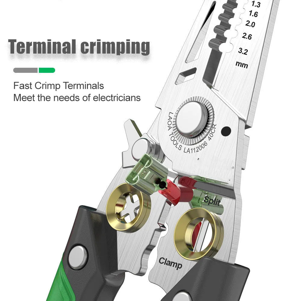 Stainless steel 7-in-1 wire stripper and fibre optic crimping tool with two-colour ABS handle.