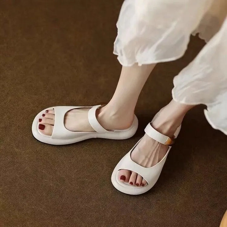 Apricot peep toe platform sandals with French leather upper and rubber sole