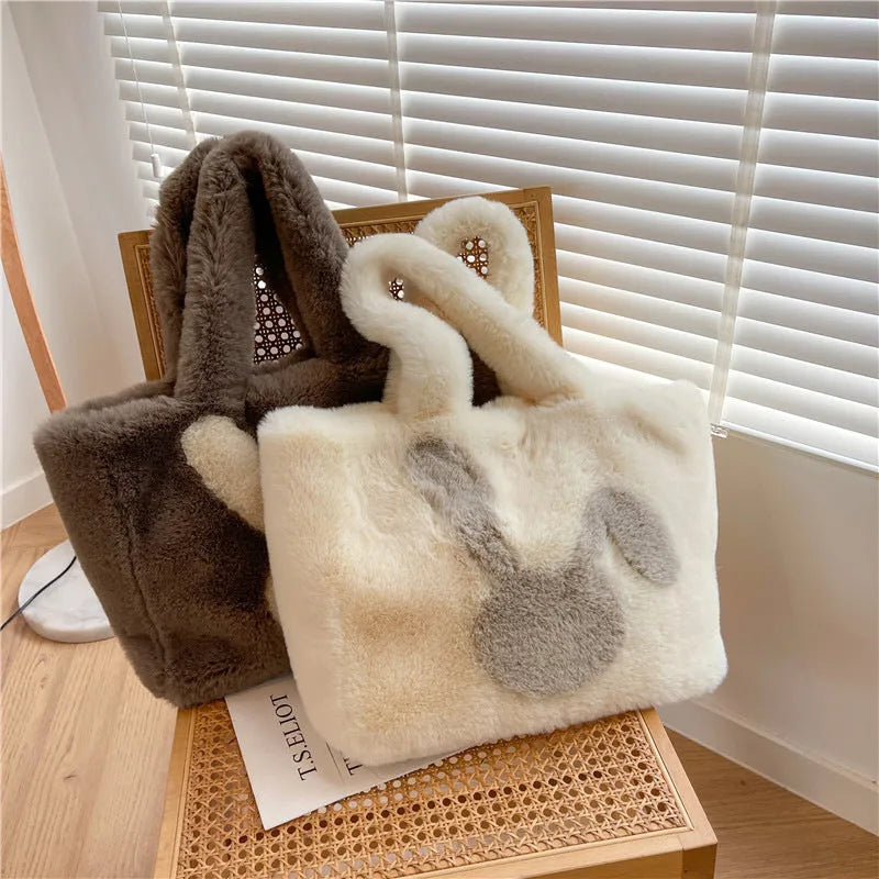 Plush cartoon rabbit ears shoulder bag in solid colour with large capacity