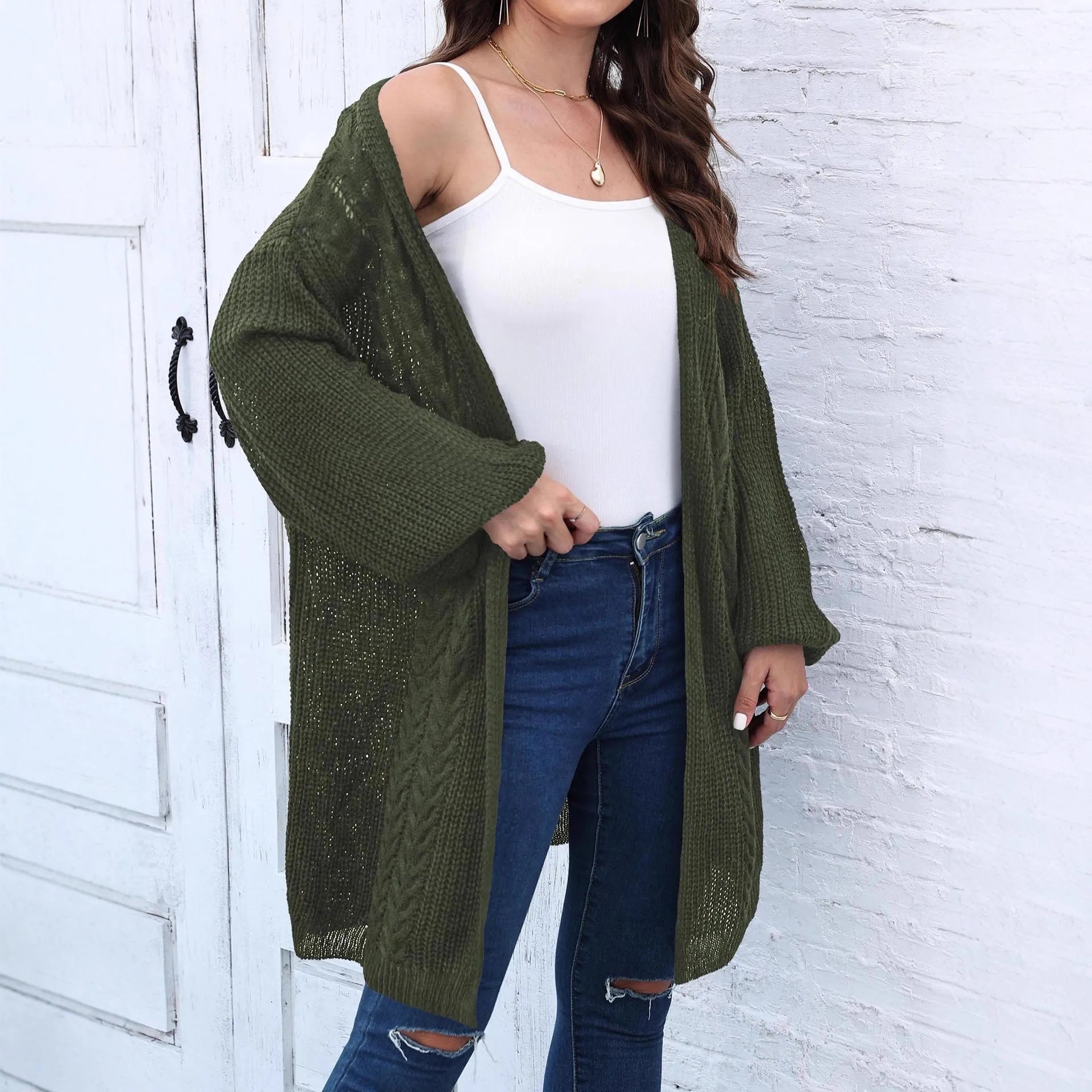 Women's loose casual acrylic sweater coat in army green, black, brown, light grey or rose red