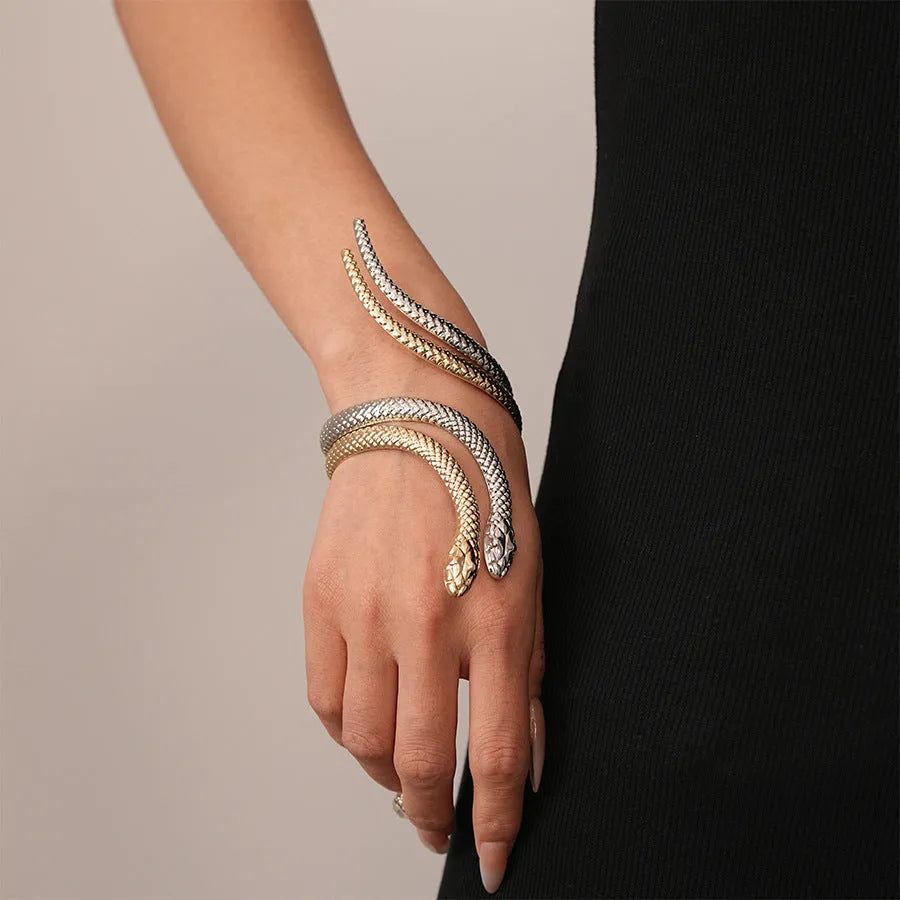 Exaggerated twisted winding simulated snake design ring bracelet 2-piece set in gold or silver