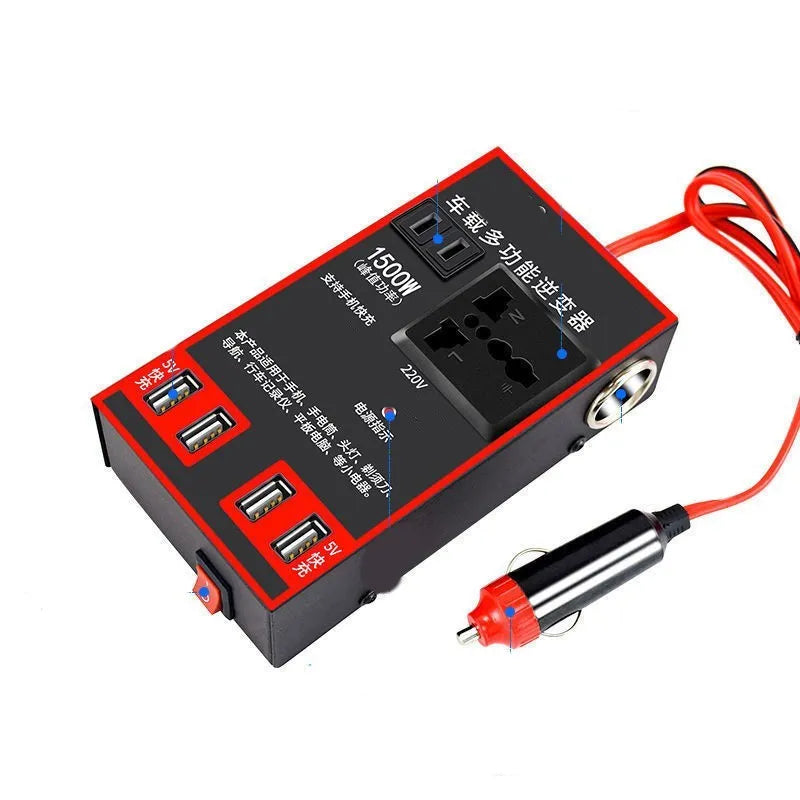 Black automotive power converter transforming 12V/24V car battery to 220V AC with USB charging ports