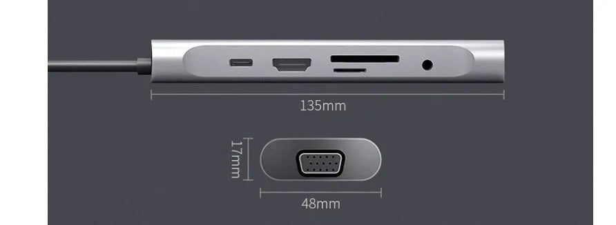 Grey USB-C docking station with HDMI, VGA, USB 3.0 ports and 14cm cable