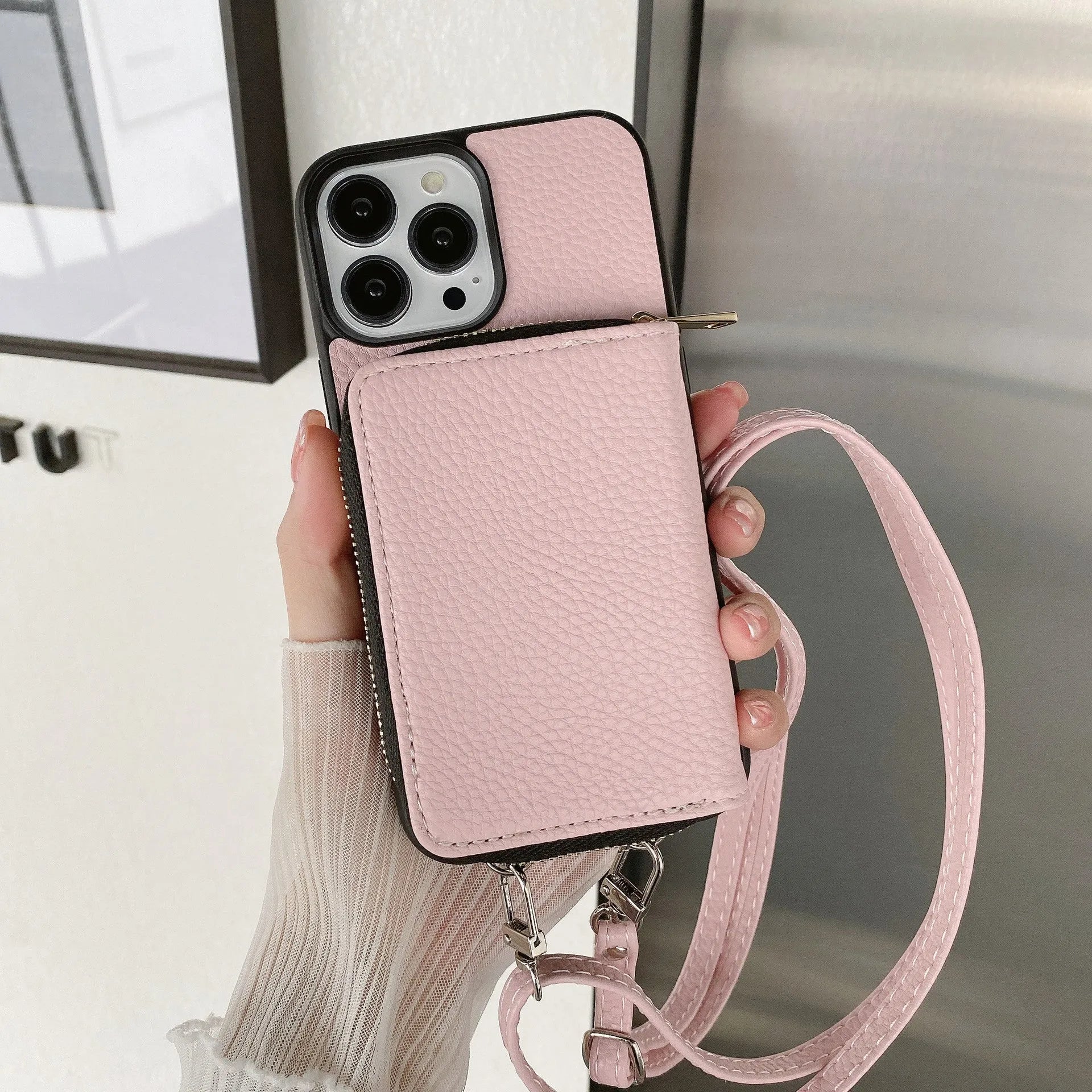 Litchi patterned phone case for iPhone in multiple colours showing PC and leather construction.
