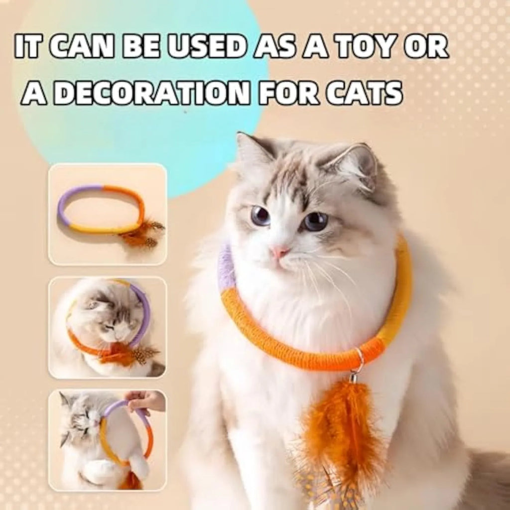 Circular green cotton rope cat toy with feathers for chewing and interactive play
