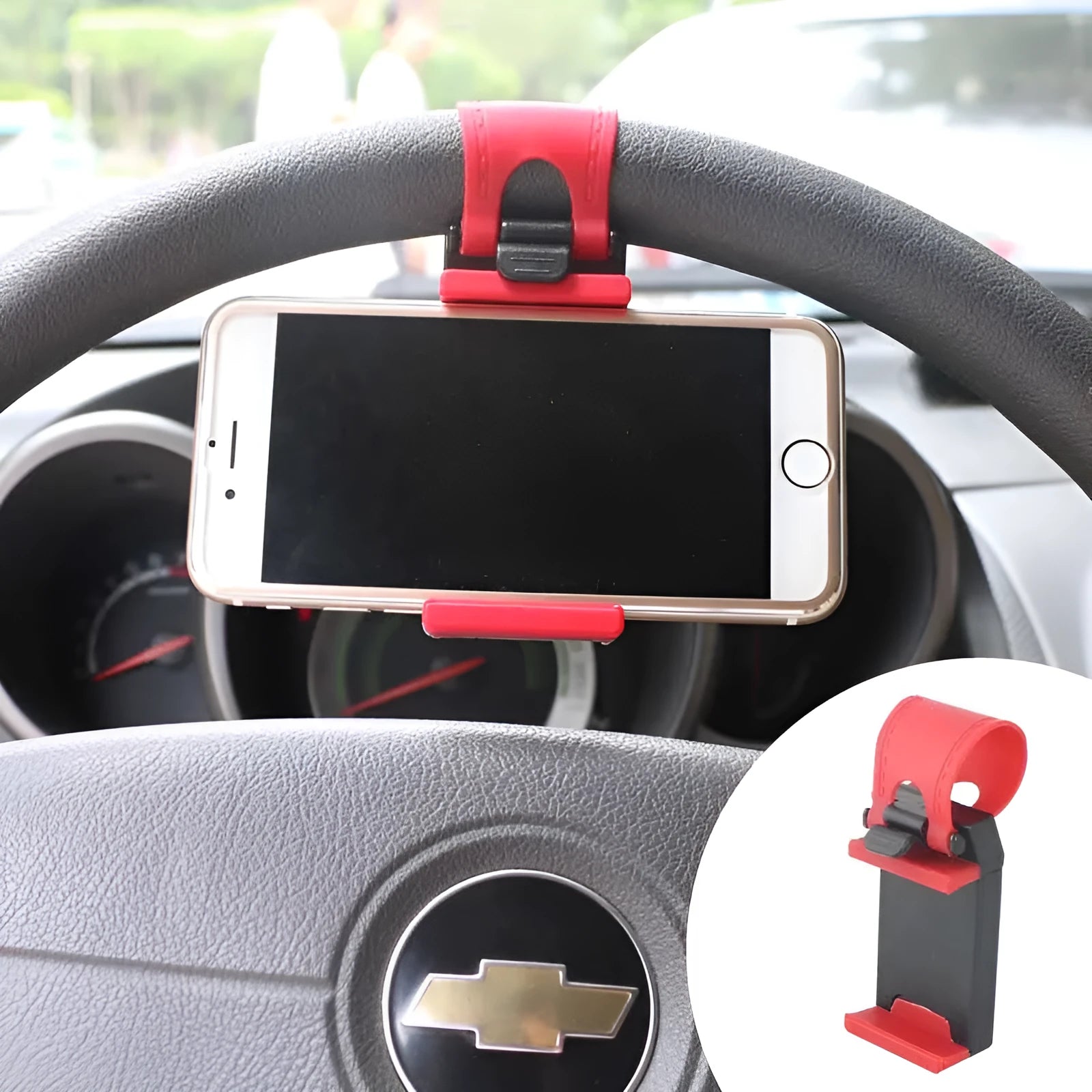 Universal black steering wheel phone mount holder clipped onto a car wheel