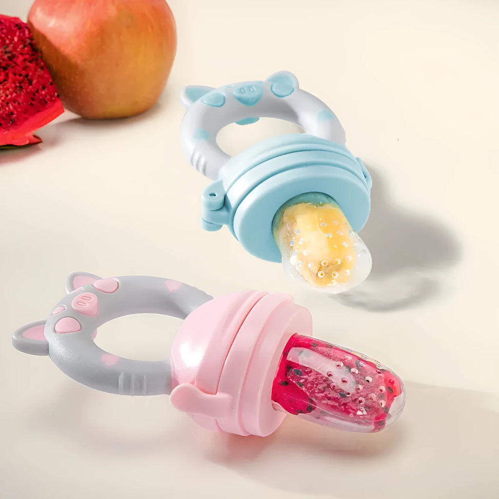 Silicone baby teether in blue, green or pink colours with food-grade material for infant gum relief