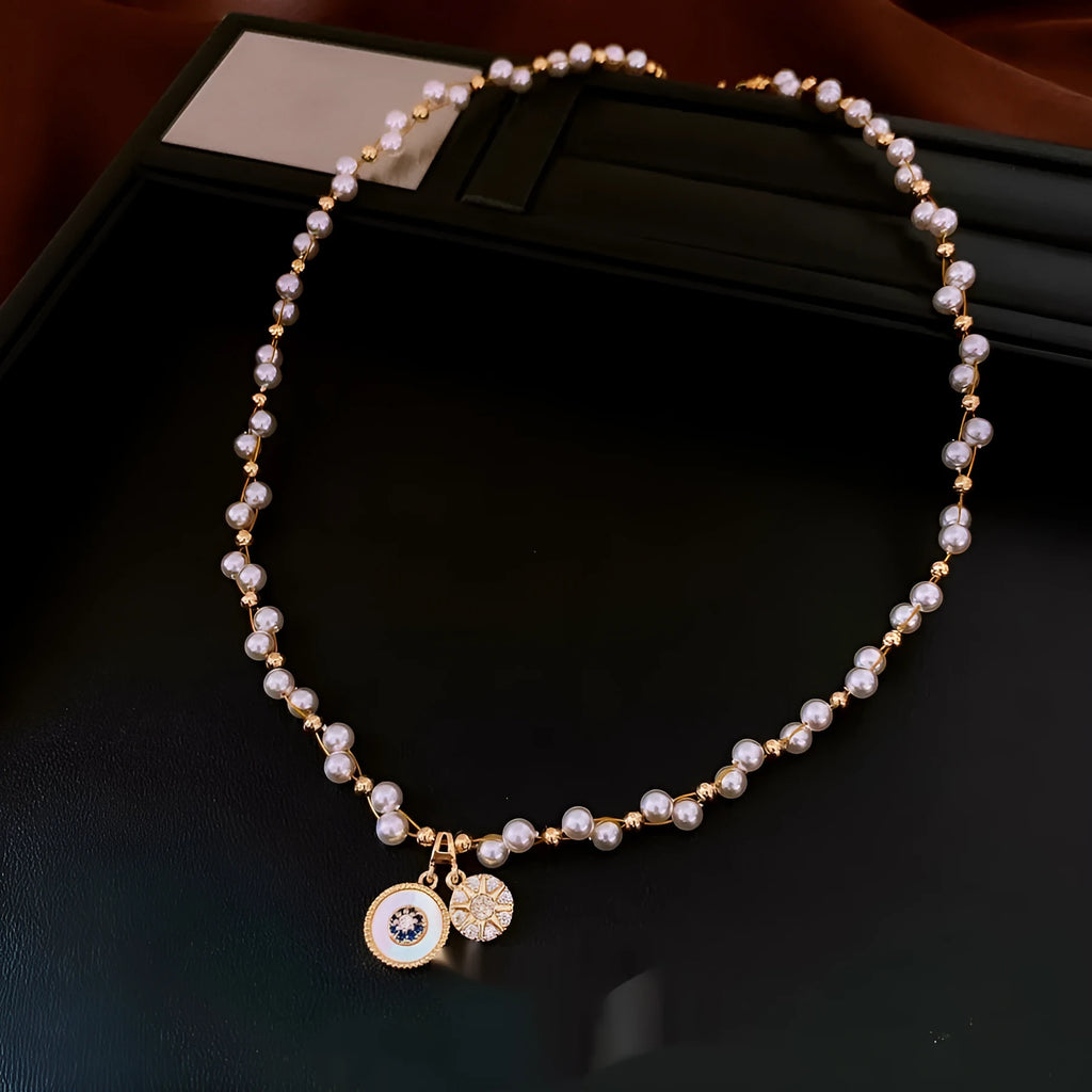 Gold electroplated zircon pearl pendant necklace on clavicle chain with adjustable 41-50cm length