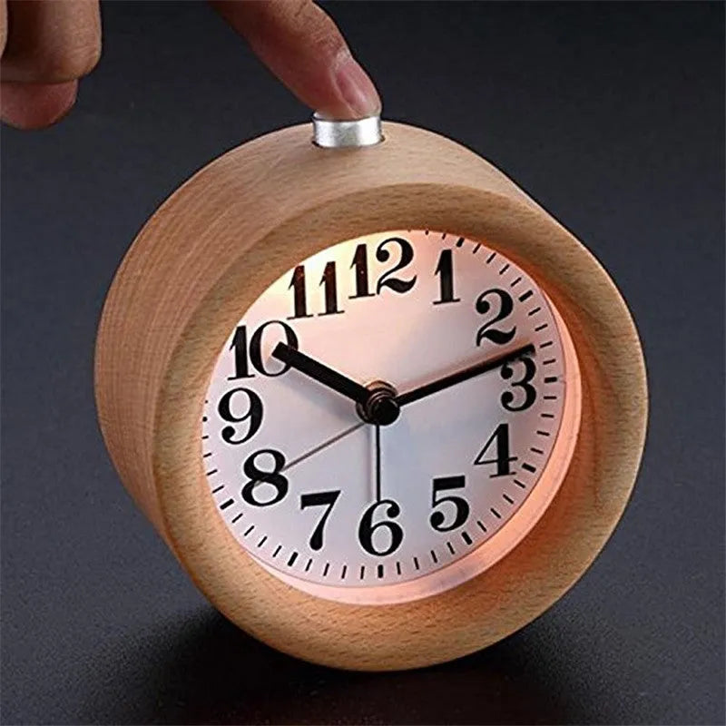 Solid beech wood silent alarm clock with 4-inch diameter display on wooden surface